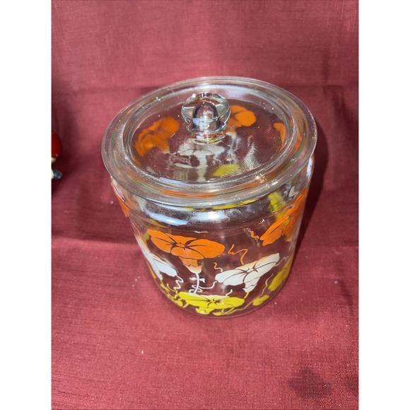 Pair Anchor Hocking Glass Jar Canisters Orange Yellow White Morning Glories 2 - Picture 5 of 7